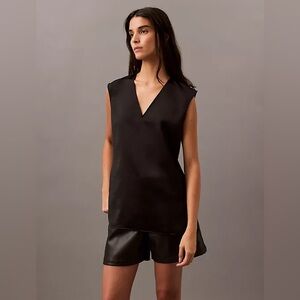 NWT Calvin Klein Satin Sleeveless V Neck Black Blouse